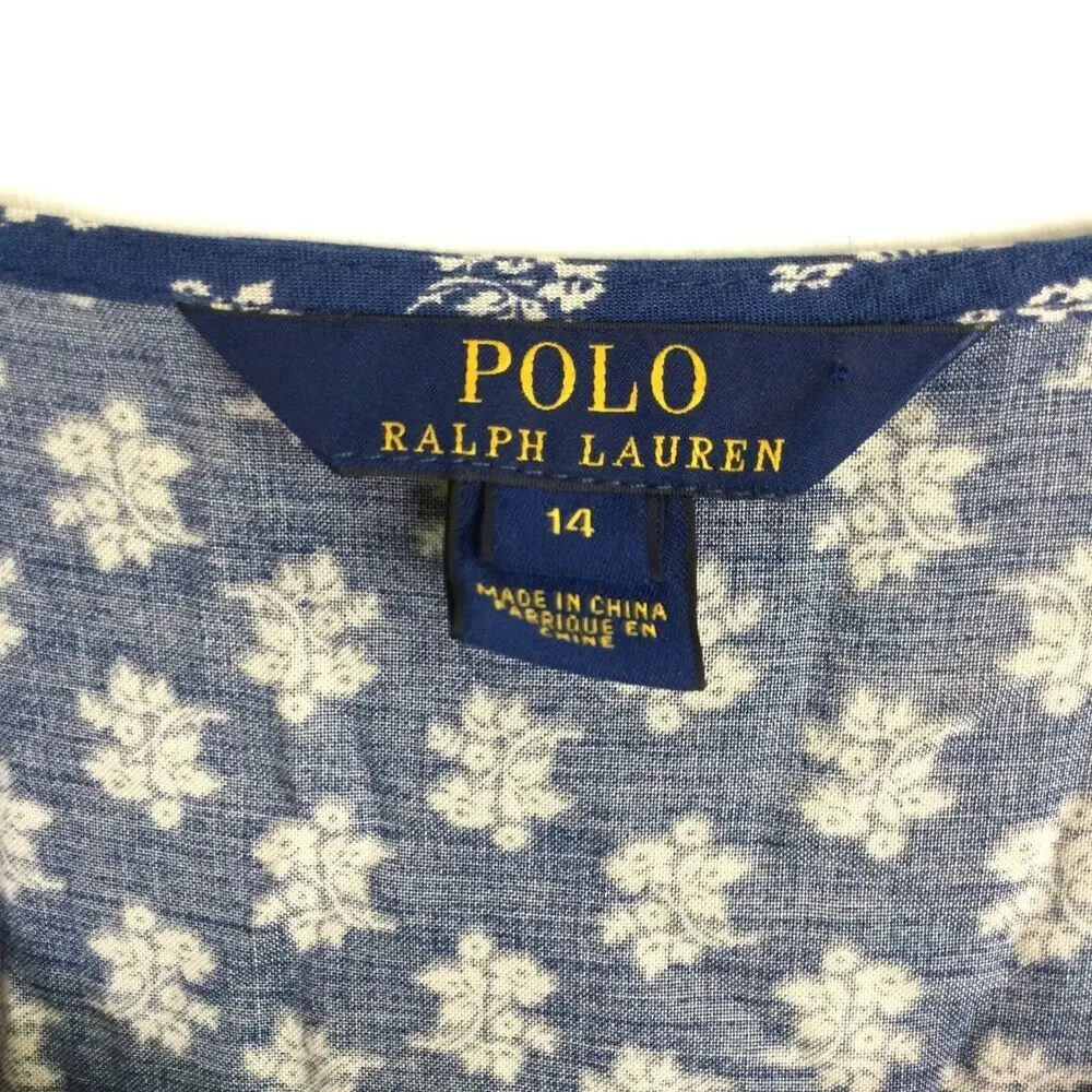 Polo Ralph Lauren Girls Floral Print Boho Dress Denim Blue White Size 14 NWT